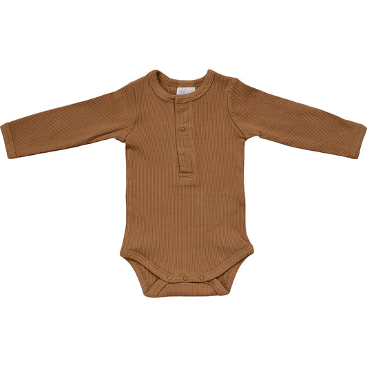 Mustard Organic Long Sleeve Ribbed Bodysuit with Snaps