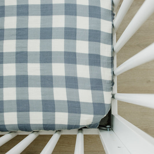 Dusty Blue Checkered Crib Sheet