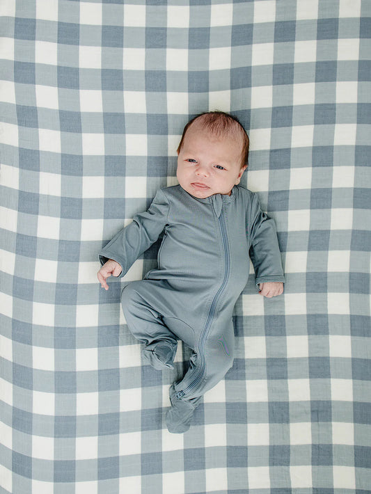 Dusty Blue Checkered Crib Sheet