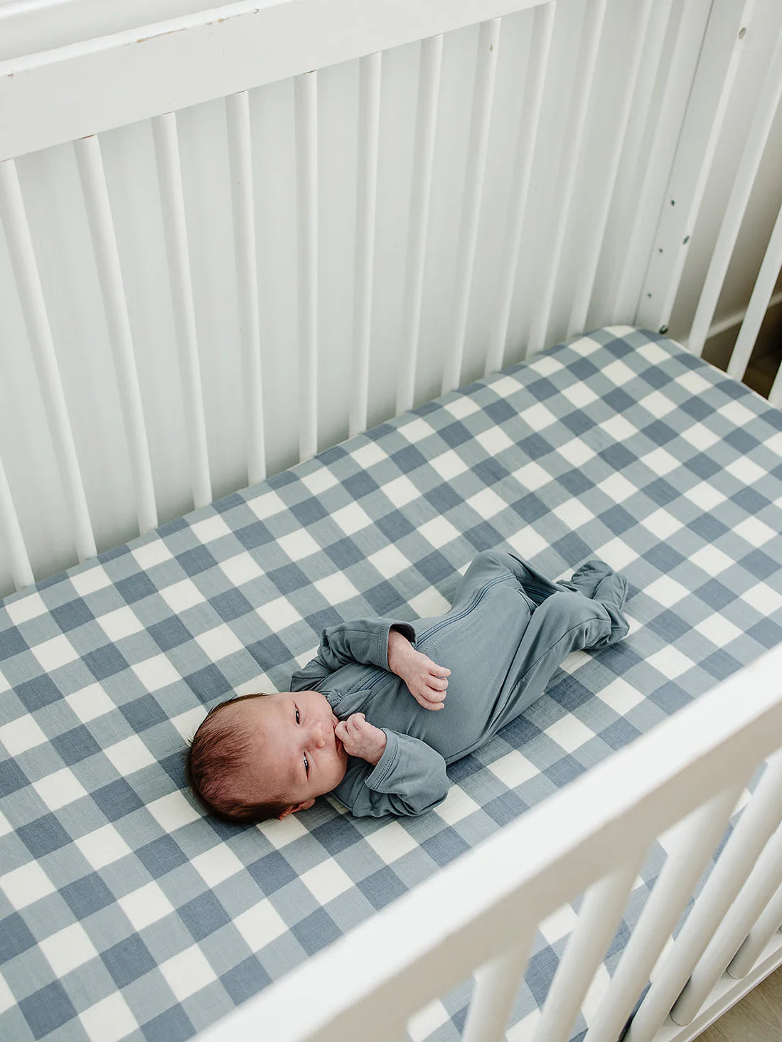 Dusty Blue Checkered Crib Sheet