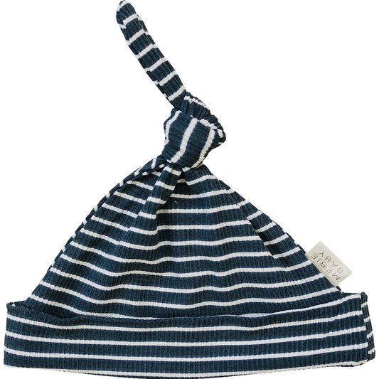 Navy Striped Ribbed Bamboo Newborn Knot Hat