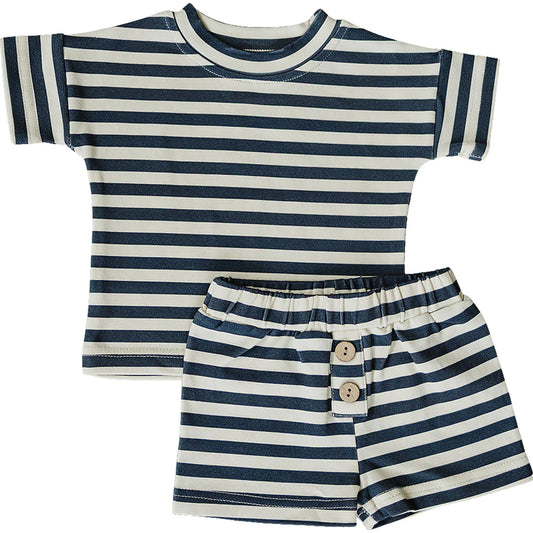 Navy Striped Button Shorts Set