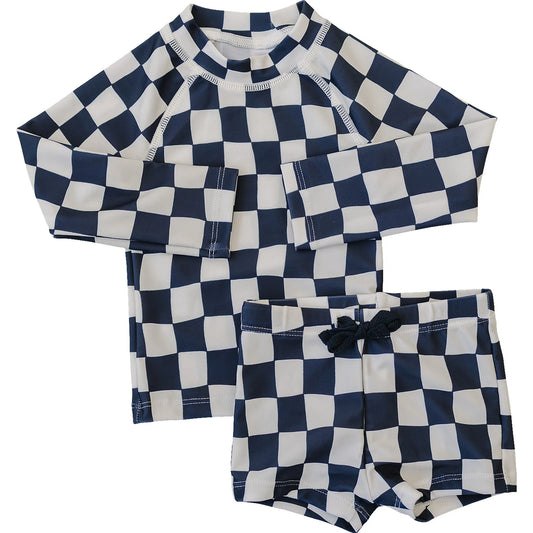Navy Checkered Long Sleeve Swim Set
