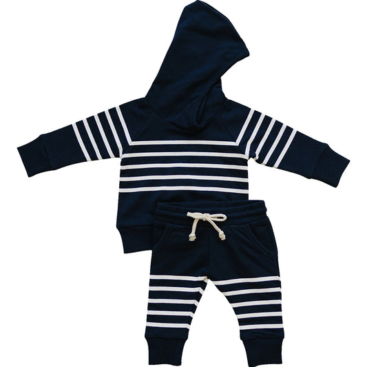 Navy Striped Hooded French Terry Set