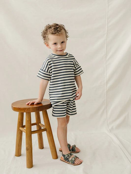 Navy Striped Button Shorts Set