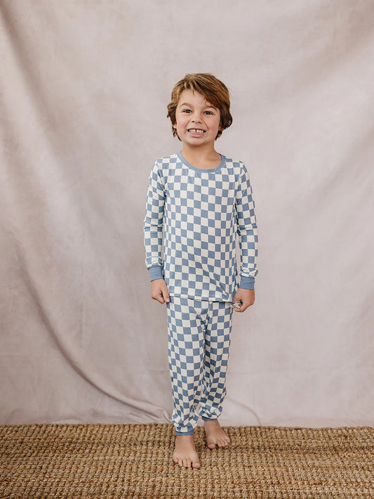 Blue Checkered Ribbed Bamboo Cozy Set
