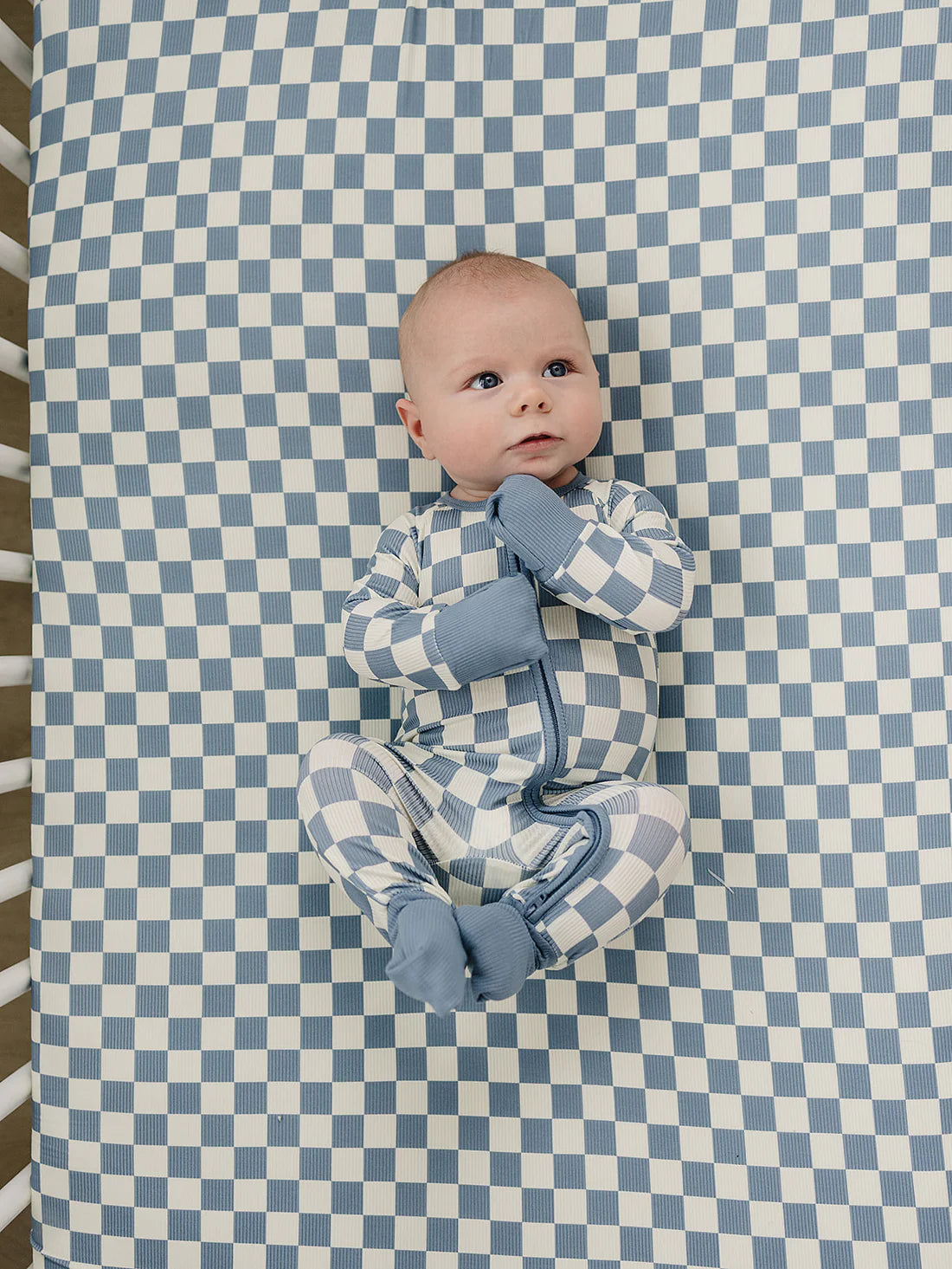 Blue Checkered Ribbed Bamboo Stretch Crib Sheet