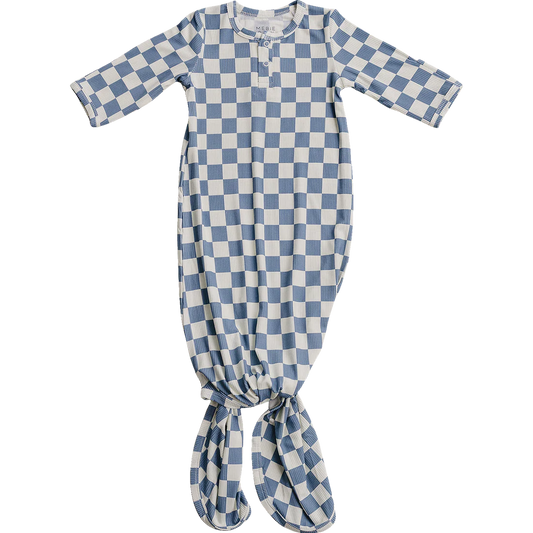 Blue Checkered Ribbed Bamboo Knot Gown