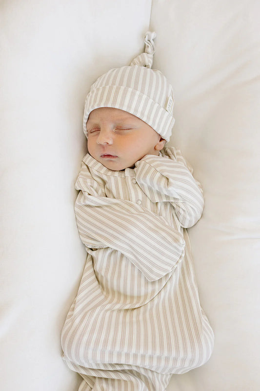 Taupe Striped Ribbed Bamboo Newborn Knot Hat