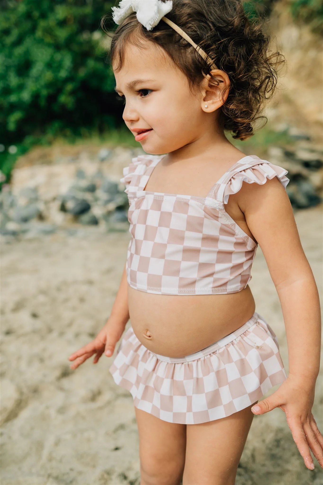 Taupe Checkered Ruffle Bikini