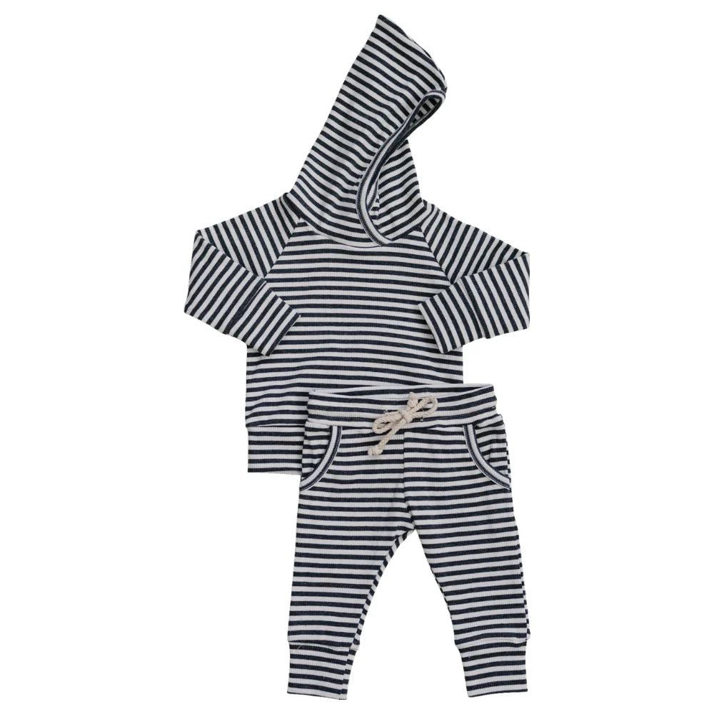 Charcoal Striped Ribbed Hooded Set