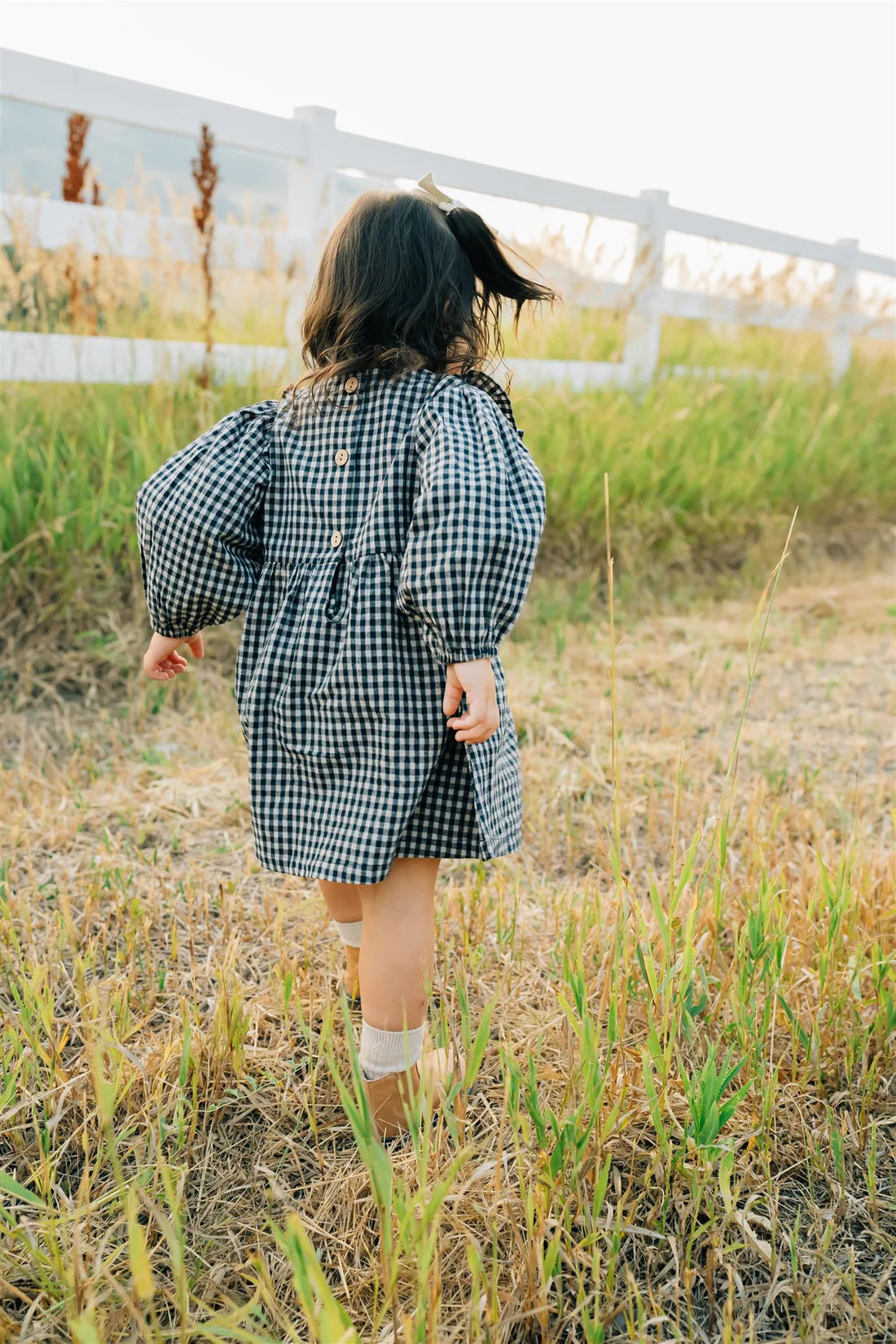 Gingham Ruffle Sleeve Linen Dress
