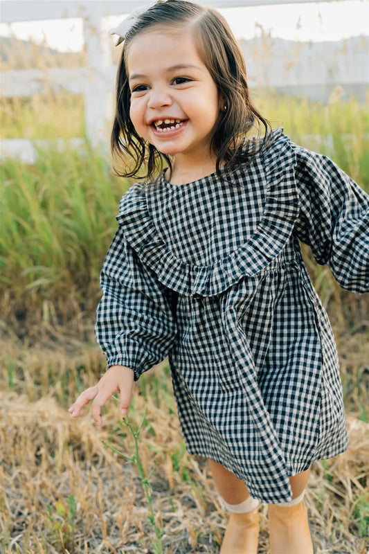 Gingham Ruffle Sleeve Linen Dress