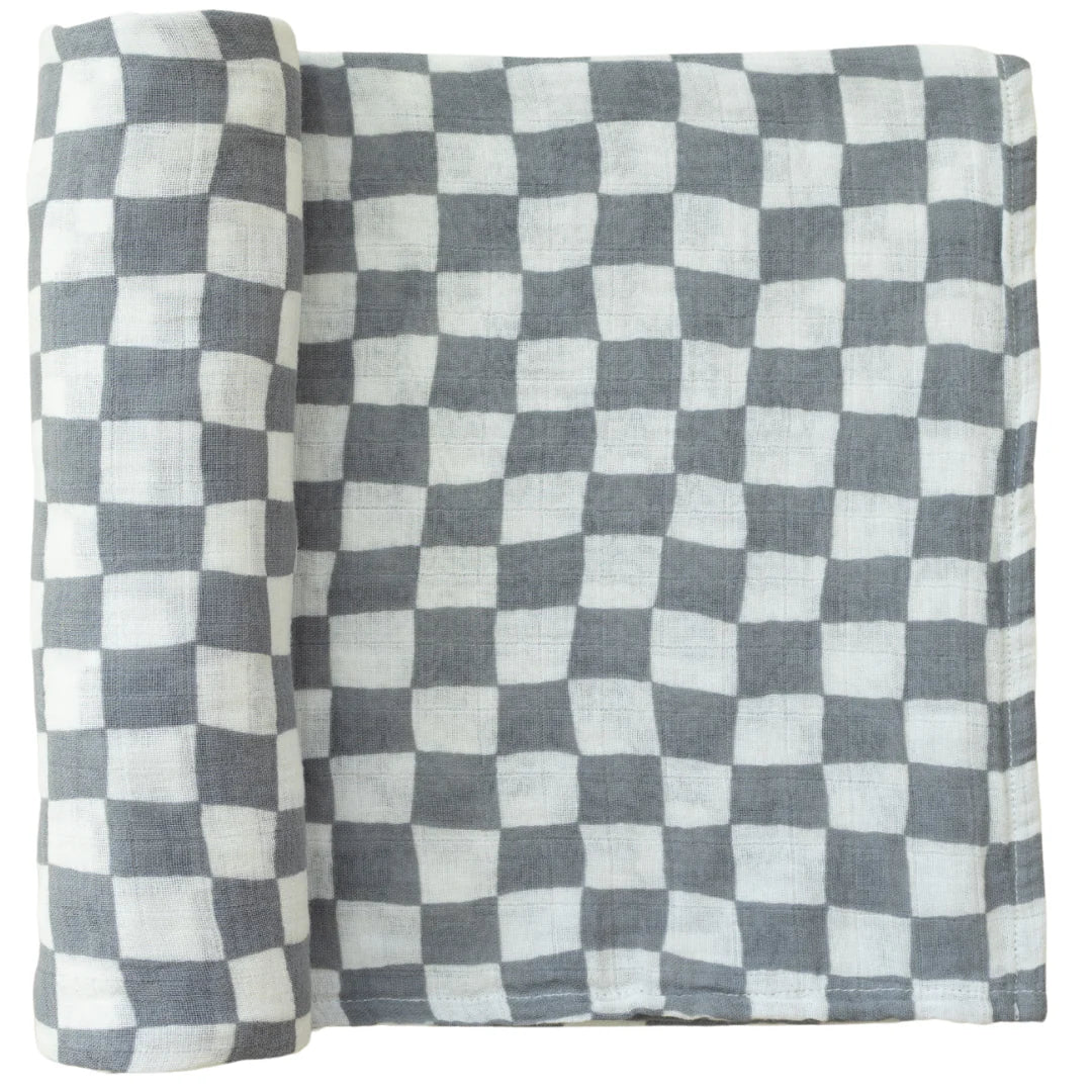Dusty Blue Checkered Muslin Swaddle Blanket