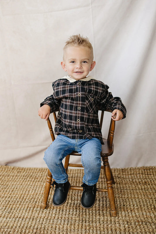 Dark Plaid Hooded Button Up Shirt