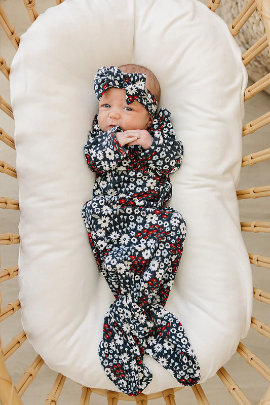 Navy Floral Ribbed Bamboo Knot Gown