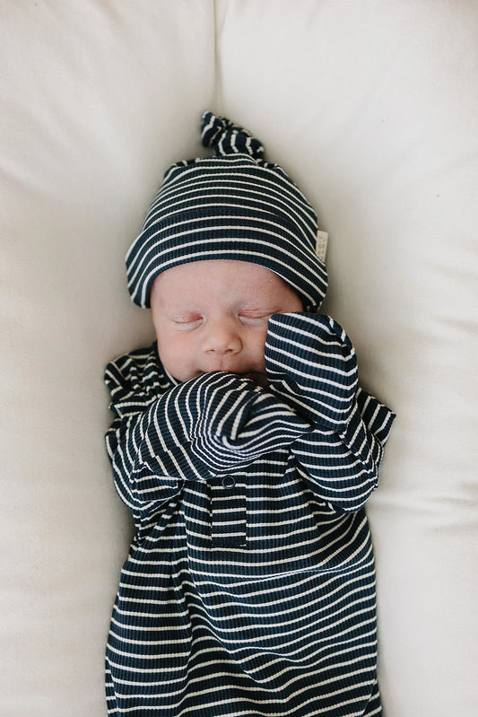 Navy Striped Ribbed Bamboo Newborn Knot Hat