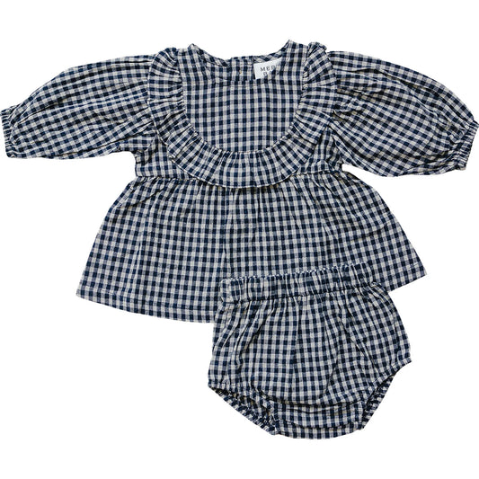 Gingham Ruffle Sleeve Linen Dress