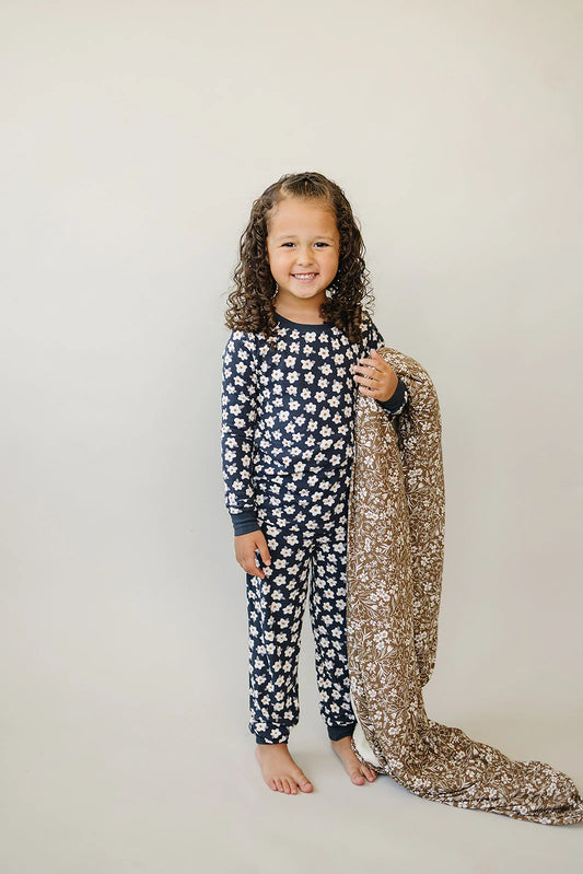 Navy Floral Ribbed Bamboo Cozy Set