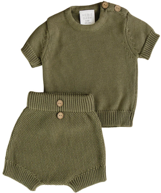Winter Green Knit Button Top + Shorts Set