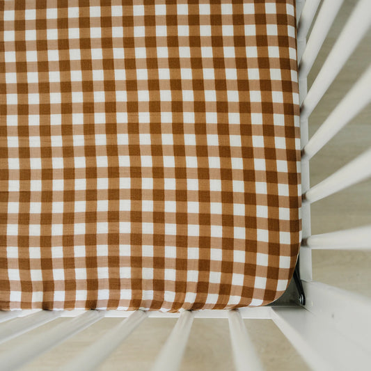 Mustard Gingham Muslin Crib Sheet